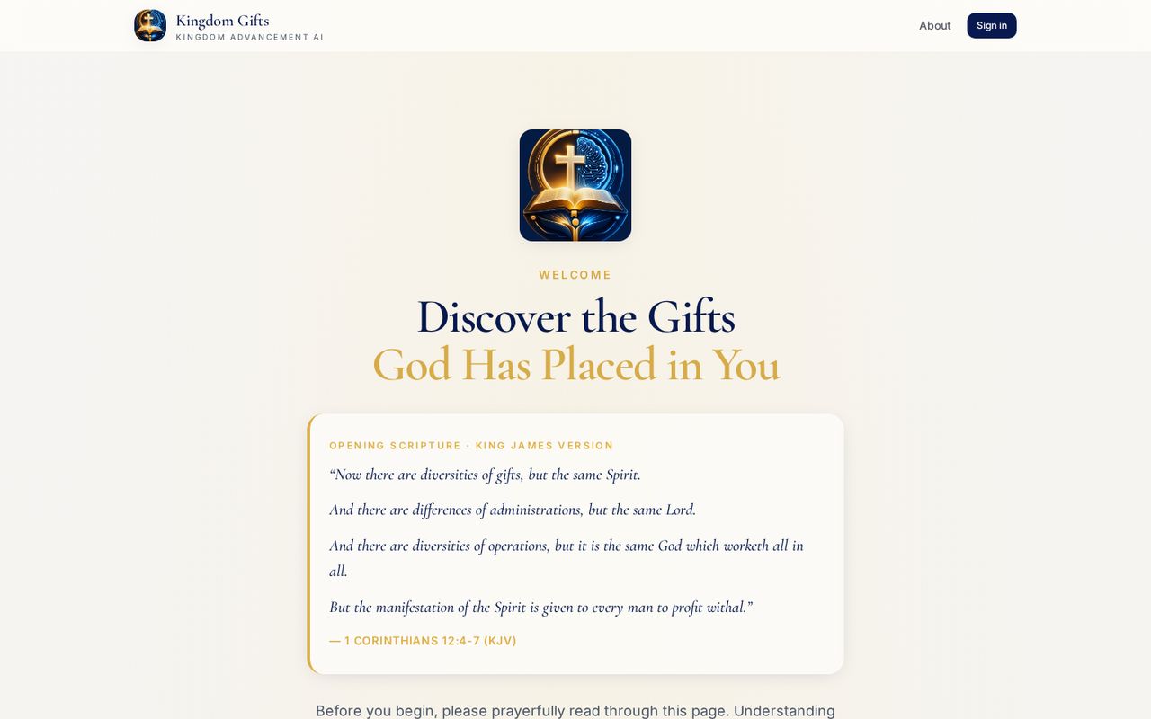 Homepage of the Kingdom Gifts Assessment website