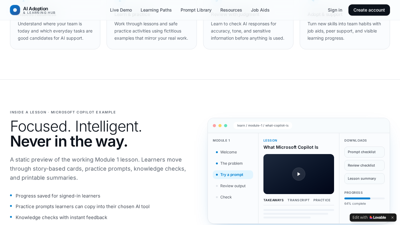 Static public lesson preview with simulated Microsoft Copilot screens