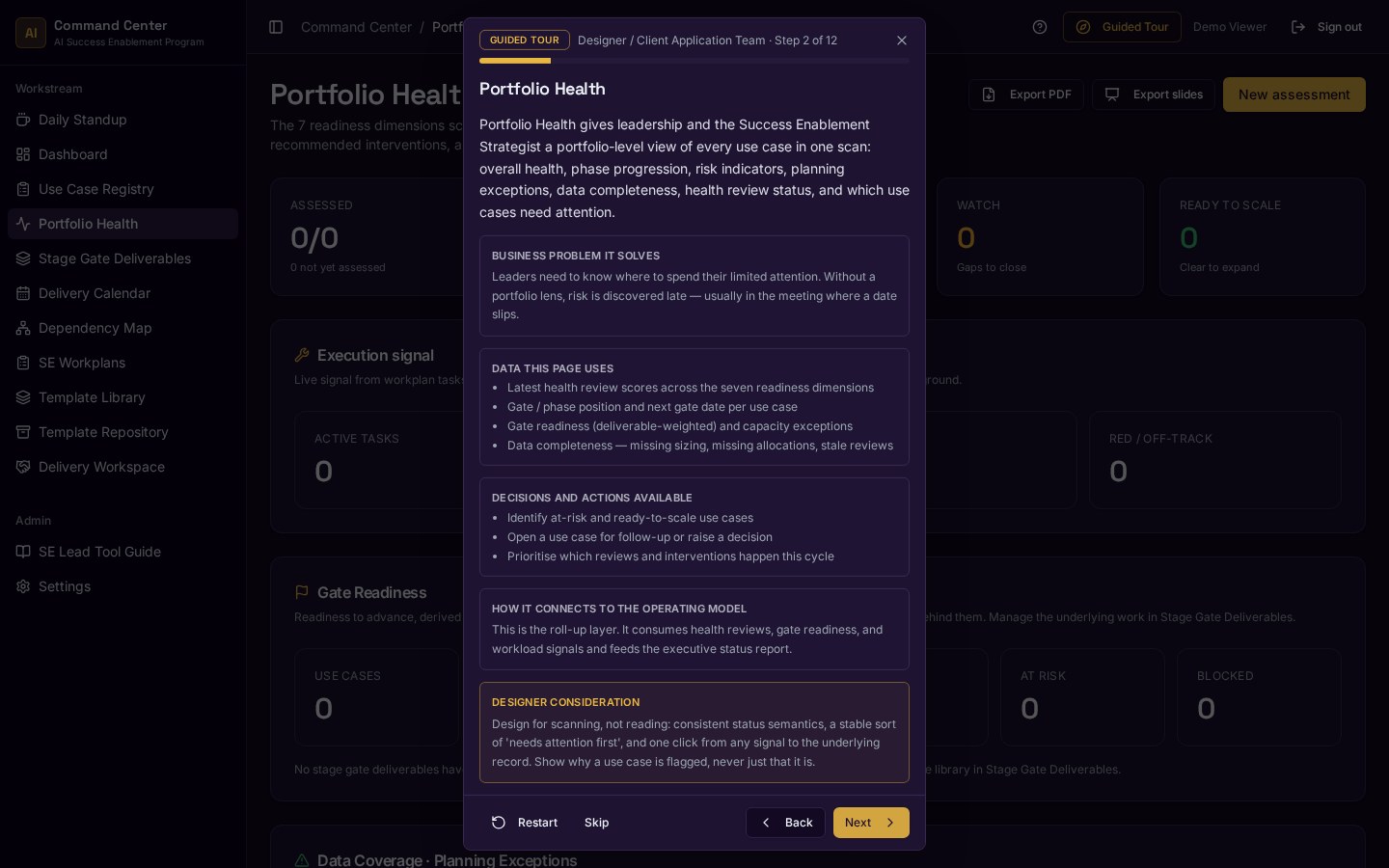 Portfolio Health module with its guided tour explanation (fictional demo data)