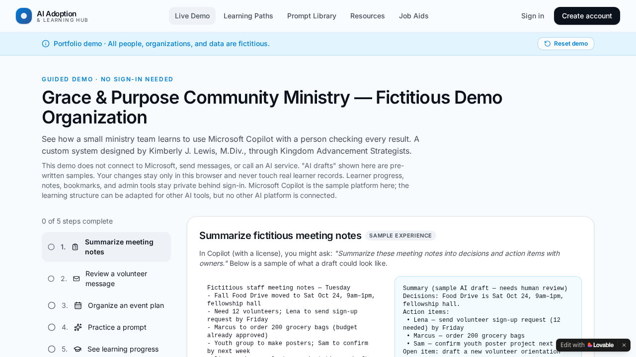 Public guided demo with a prominent fictitious-data notice