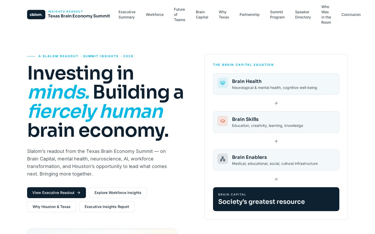 Homepage of the Texas Brain Economy Summit Insights Hub website